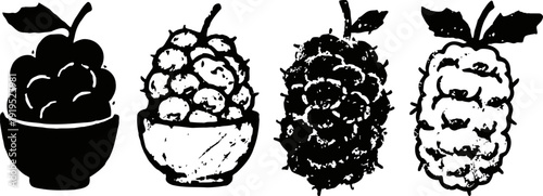 blackberry and raspberry berries in bowls and on stems hand drawn berry illustrations in black silhouette