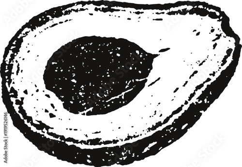 Vintage avocado half illustration with seed detailed texture engraving drawing