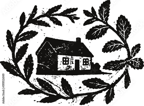 Rustic house surrounded by vintage laurel wreath with leaves and branches illustration