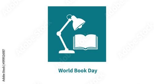 World Book Day icon, education symbol with lamp and book, reading awareness vector graphic