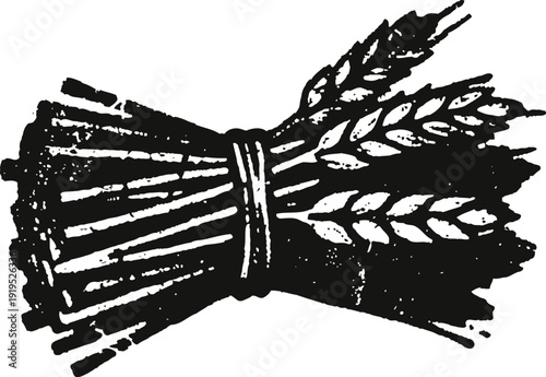 Vintage bundle of wheat sheaves tied together with rustic twine in black silhouette