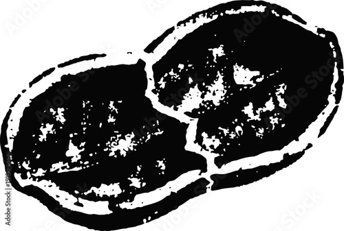 Black peanut silhouette with shell and kernel separated on white background