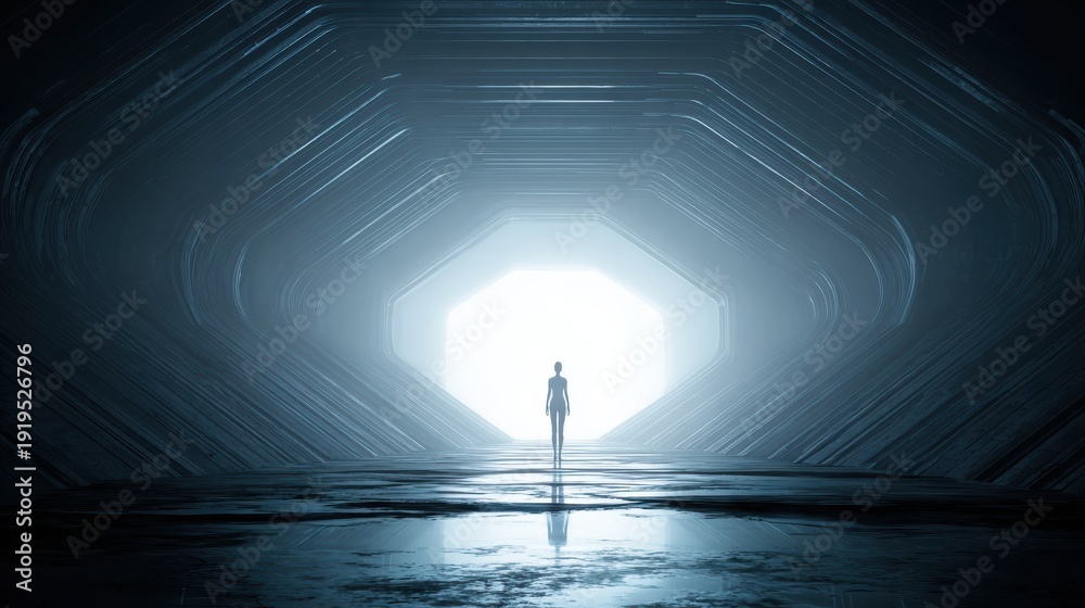 Fototapeta premium A mysterious silhouette stands at the far end of a glowing tunnel, evoking feelings of mystery and exploration