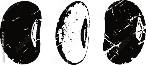 coffee bean silhouette set black vintage distressed single whole, half and side view isolated illustrations
