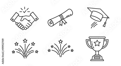 Outline Graduation and Celebration Icons Set on Isolated White Background