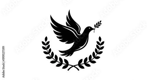 Flying dove with olive branch emblem