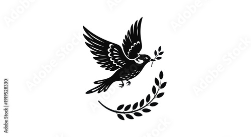 Flying dove with olive branch on white