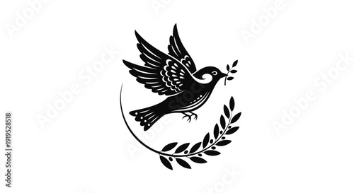 Flying dove with olive branch on white