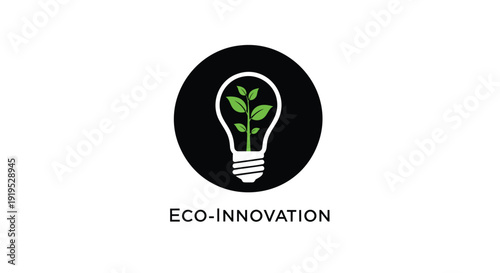 Eco innovation logo vector, green sprout in light bulb on black circle background.