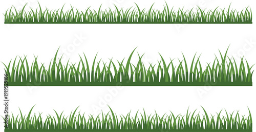 Three horizontal strips of green grass with varying heights and densities on white background