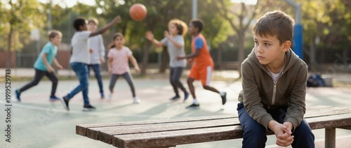 Sad boy sitting alone on bench while other children play basketball. Social exclusion and childhood loneliness concept. Portrait of lonely kid at playground