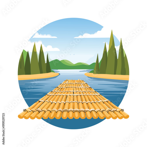 Cartoon scene of a bamboo raft floating on a river