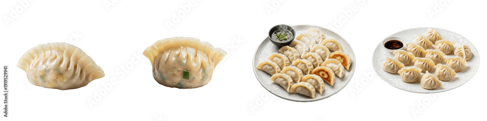 Φωτογραφία Gyoza Dumpling PNG Set, Japanese Potstickers and Chinese Dim Sum Isolated on Whi