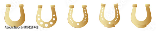 Set of five gold horseshoes with varying designs.