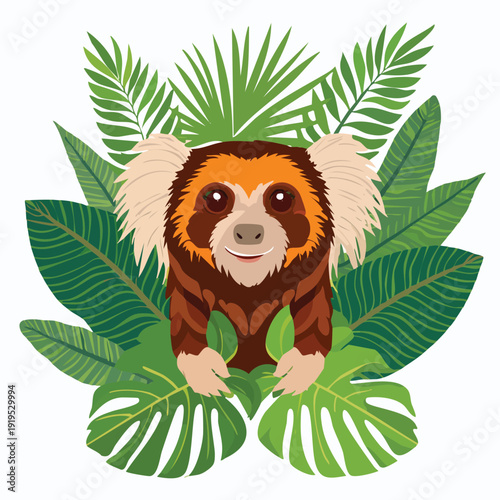 Cartoon marmoset primate with tropical foliage illustration
