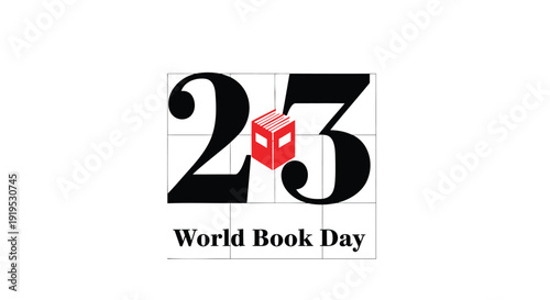 World Book Day vector icon, 23rd celebration symbol with book and number 23, literacy logo.