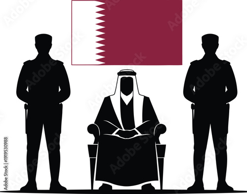 Qatari official silhouette sitting with security guards and small national flag overhead