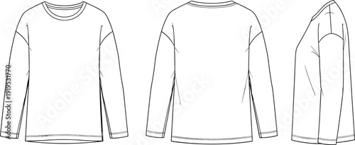 Minimal Long Sleeve T Shirt Front Back Side CAD Template Clean Fashion Flat Apparel Outline Vector