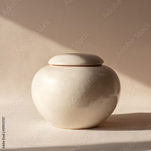 Ceramic Jar Still Life: A serene studio shot of a closed ceramic jar, its smooth, neutral surface bathed in soft natural light, highlighting its elegant form and texture.