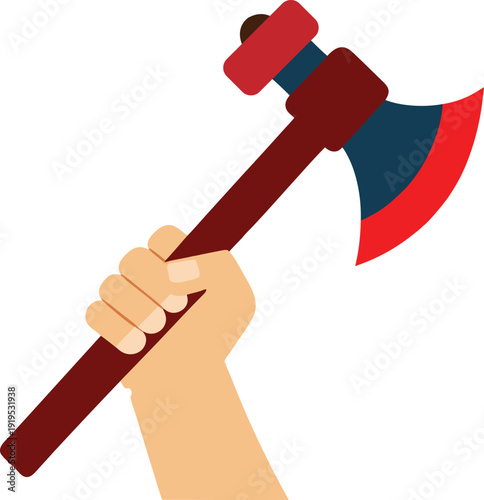 Hand Holding Red Axe on White Background
