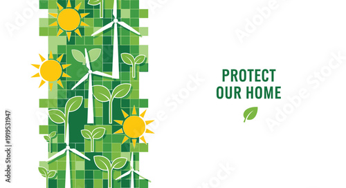 Environmental protection icon collection. Includes eco, save, earth, leaf, sun symbols. Created in modern style with green palette.