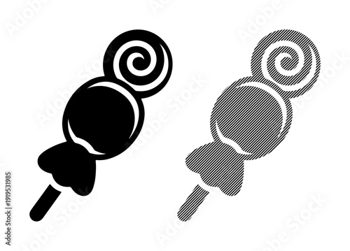 Simple black and gray icons representing a sweet lollipop treat on a stick.