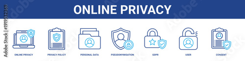Online Privacy web banner icon set collection solid style.
