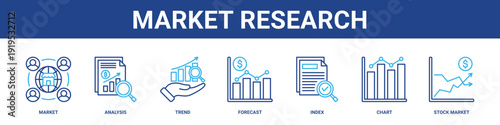 Market Research web banner icon set collection solid style.