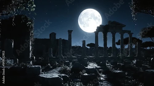 Ancient ruins bathed in the ethereal glow of a full moon, evoking mystery and timeless beauty.