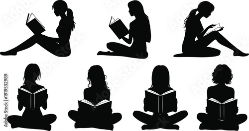 Female silhouettes reading books in diverse poses including sitting on chairs, lying down, and cross-legged for education and relaxation concepts.