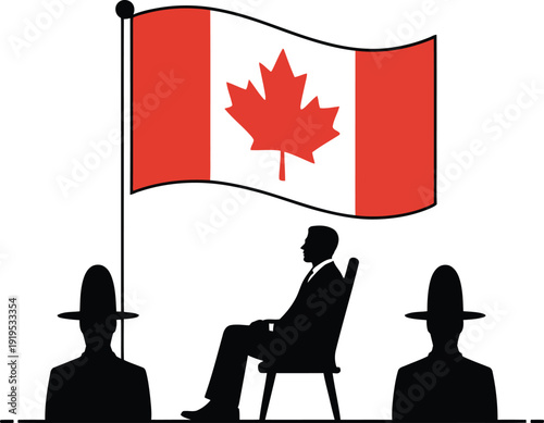 Canadian prime minister sitting with guards near national flag official meeting