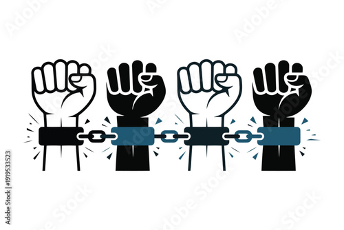 Four National Freedom Day black clenched fists bound together by blue and black chains on white background