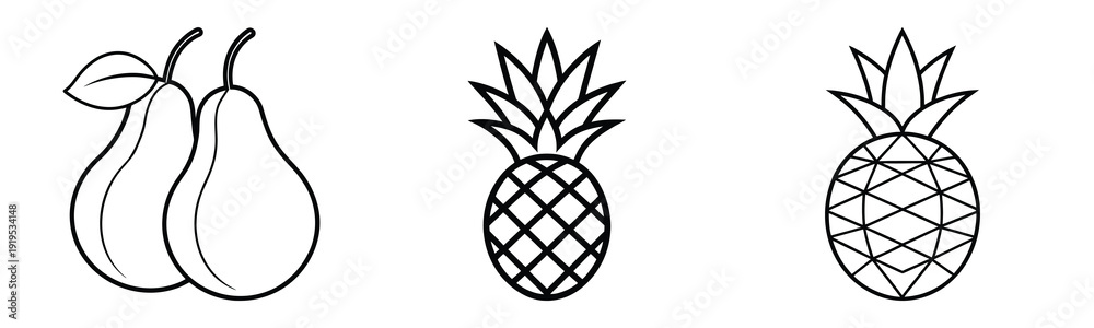 Fototapeta premium Linear Fruit Icons Set Featuring Pear And Pineapple Vector Illustration