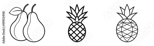 Linear Fruit Icons Set Featuring Pear And Pineapple Vector Illustration