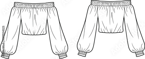 Front and back view of off shoulder crop top illustration, elastic neckline blouse mockup, long puff sleeve fashion template, minimalist vector design