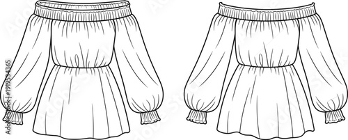 Front and back view of off shoulder mini dress illustration, elastic waist boho style dress mockup, long puff sleeve fashion vector template design