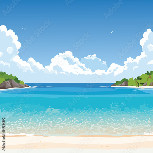 Coastal scenery illustration featuring tropical water and blue sky