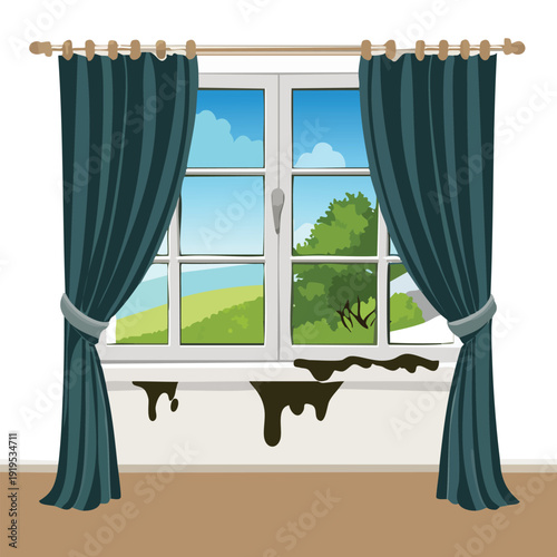 Cartoon window with curtains and outdoor view
