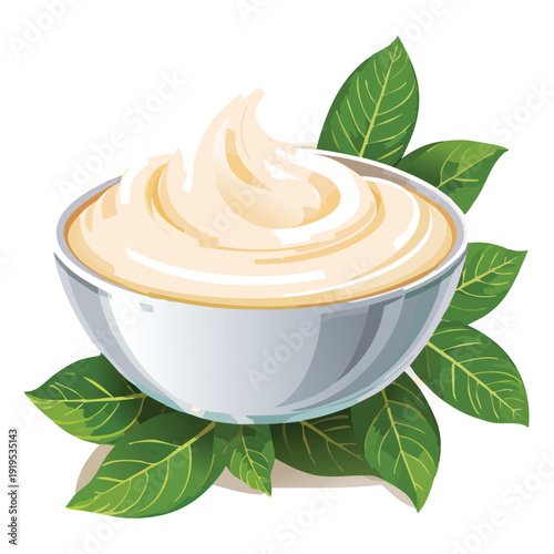 Creamy dip in bowl with green leaves illustration