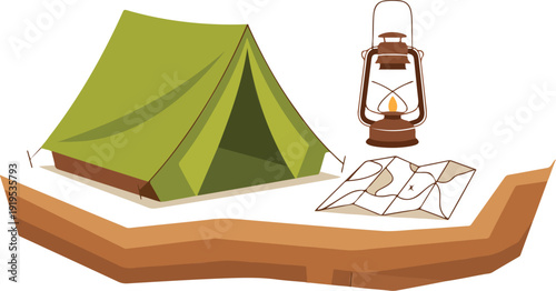 This vector sticker depicts a camping scene with a green tent, a brown lantern, and a treasure map on a layered ground section, isolated against a black background. See Less