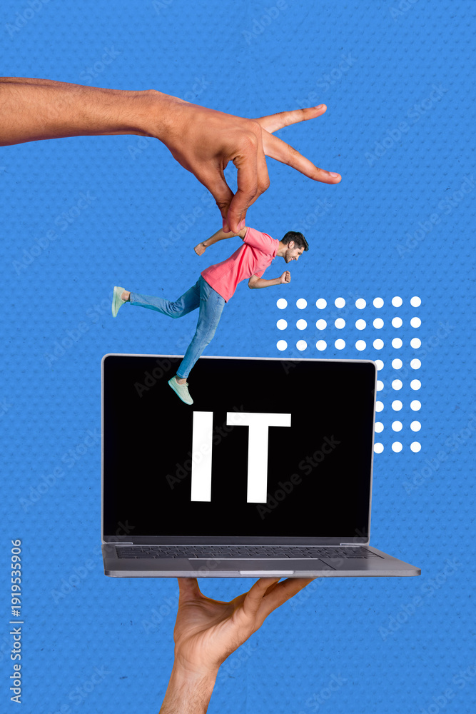 Ταπετσαρία Trend artwork banner sketch 3D photo collage of huge hand hold man hang laptop i