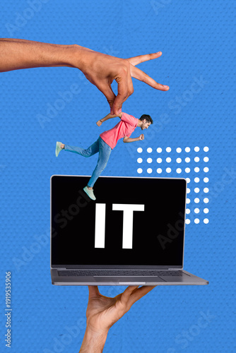 Fotografija Trend artwork banner sketch 3D photo collage of huge hand hold man hang laptop i