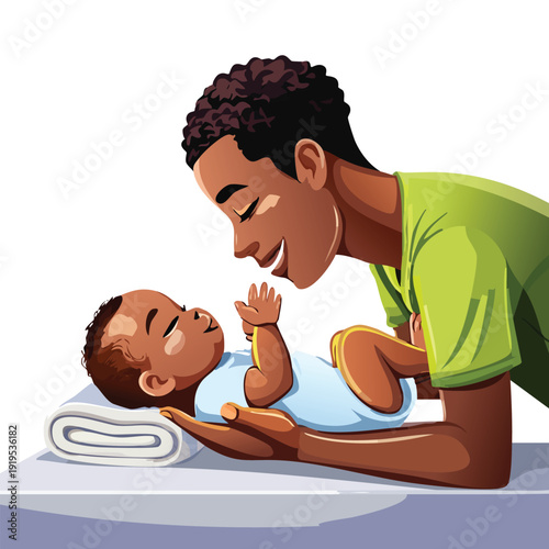 Father holding and gazing at a sleeping baby on a changing table
