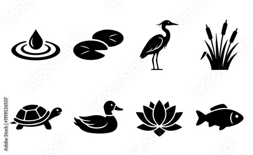 World Wetlands Day icons: diverse aquatic life and flora collection