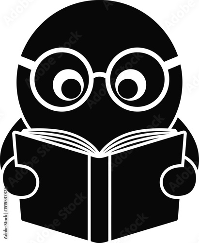 A cartoon character reading a book with glasses on.