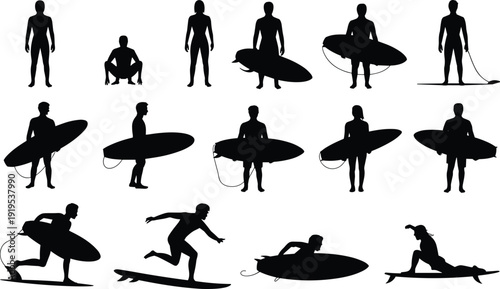 Surfer Silhouettes Collection with Men and Women Holding Surfboards Running Paddling and Standing on Beach Vector Set