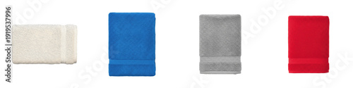 Essential Bathroom Towel PNG Set, Folded Soft Cotton Hand Towels in White, Blue, Grey, and Red Isolated on White, Home Textile Clipart
