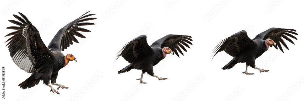Obraz premium Set of Majestic Black Vultures in Flight and Landing Transparent Background PNG