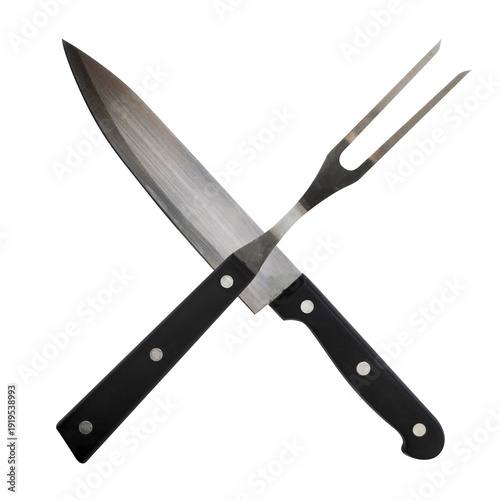 A barbecue fork and knife are crossed on transparent background