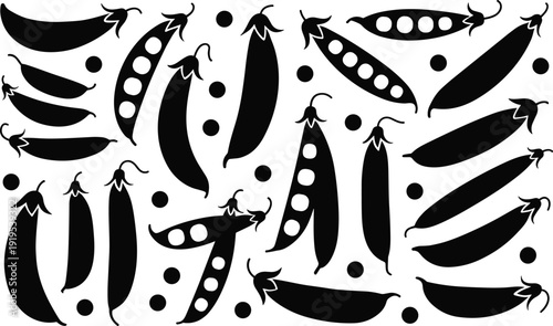 Pea Pod Silhouette Collection with Fresh Green Peas in Pods and Seeds Isolated on White Background Vector Set